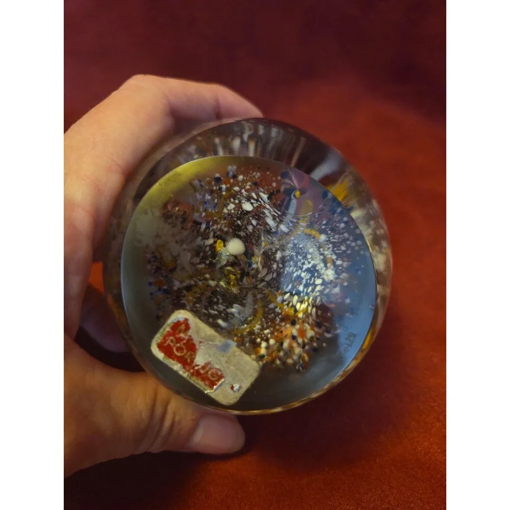Portuguese Art Glass Hand Blown Paperweight Pulled Feather Flower Vintage